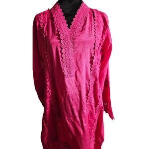 Hot Pink Tunic Top Crochet Lace Trim Bell Sleeve Boho KaftanFuchsia Size M